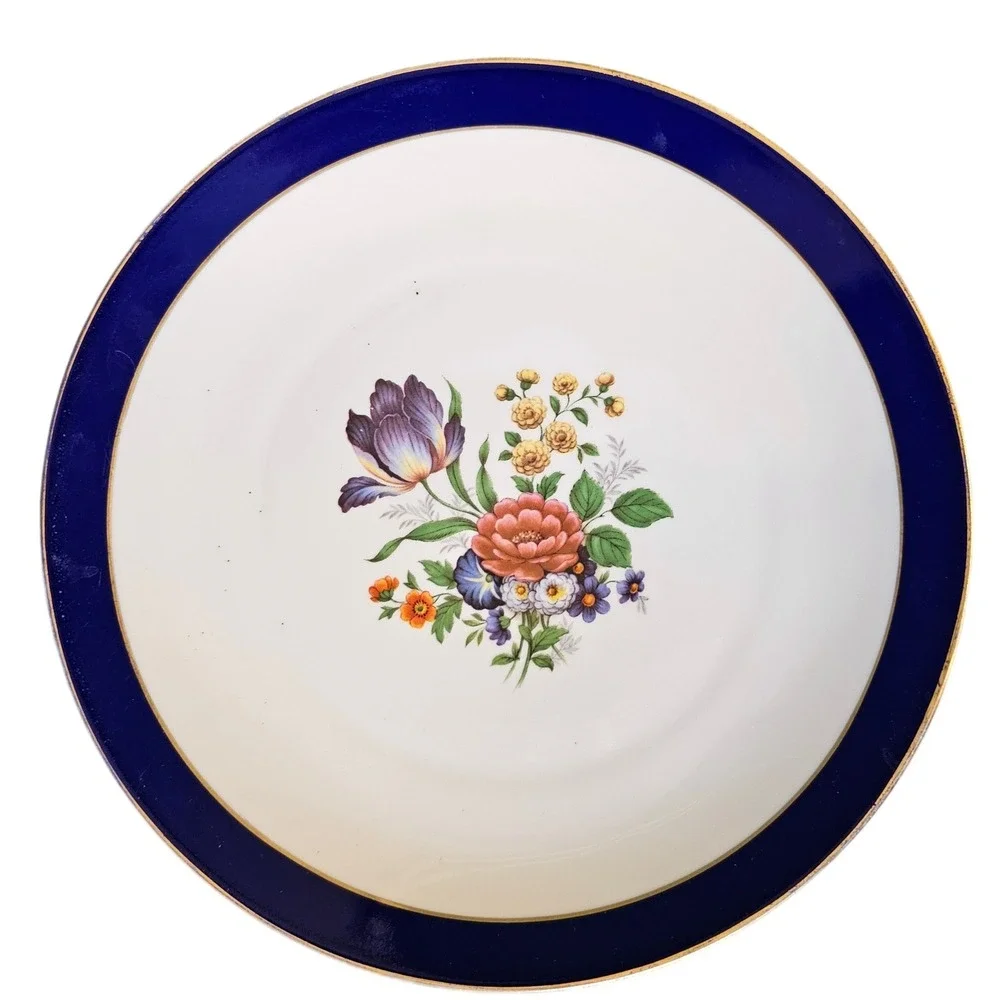 JKW Western Germany Fine Porcelain Floral Pedestal Cake Stand Cobalt Blue Gold